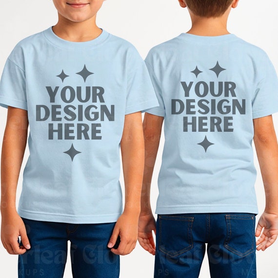 Light Blue Gildan 5000B Shirt Mockup Kids Blank T-Shirt Mock-up Light Blue G5000B Front and Back Kids Heavy Cotton Tee Display POD Mock up