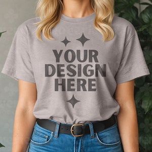 Heather Cool Grey Bella Canvas 3001 Shirt Mockup BC3001 Cool Grey T-shirt Mock-up Bella Tee Mock Boho Women Model Aesthetic Tshirt Display