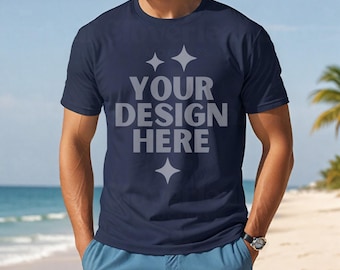 Gildan 64000 Navy Shirt Male Mockup G640 Navy Blue Men Tshirt Mock-up 64000 Mens Beach Model Mock up Softstyle Men Tee G64000 Summer Mock