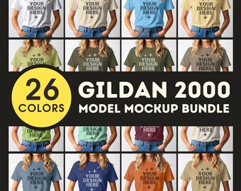 Gildan 2000 Bundle Mockup G2000 T-Shirt Bundle Mock-up Unisex Ultra Cotton Tee Women Model Mock up G 2000 Simple Casual Tshirt Mockups