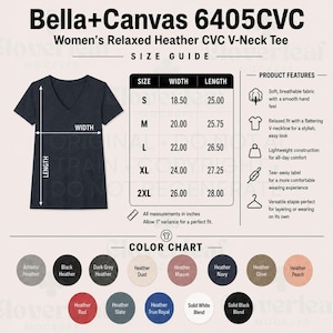 May include: A Bella+Canvas 6405CVC V-neck t-shirt size guide and color chart. The graphic displays a dark grey V-neck tee, a table with width and length measurements in inches for sizes S to 2XL, a list of product features, and a color palette.