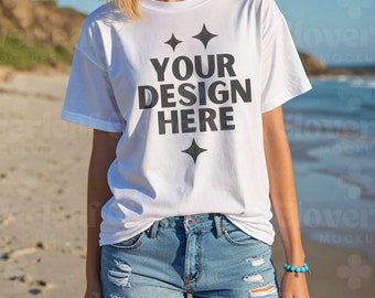 White Comfort Colors C1717 T-shirt Mockup Comfort Color White Shirt Mock-up Women Model Mock C1717 Oversized 1717 Tee Summer Beach Mocks