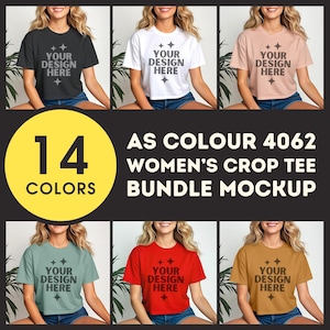 May include: A mockup image displaying a bundle of women's crop tees in various colours. The image features six different coloured crop tops, including black, white, and red. Each shirt has the text "YOUR DESIGN HERE". The image also includes the text "14 COLORS" and "AS COLOUR 4062 WOMEN'S CROP TEE BUNDLE MOCKUP".