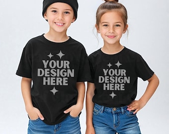 Black Gildan 5000B Sibling Mockup Kids Heavy Cotton Tee Matching Mock-up G5000B Children T-Shirt Mock up G 5000B Girl Boy Siblings Mock