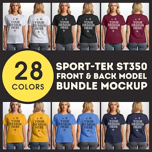 Puede incluir: Una maqueta con camisetas de varios colores, incluyendo blanco, negro, rojo y azul. Cada camiseta muestra el texto "YOUR DESIGN HERE" en la parte delantera y trasera. La imagen también incluye el texto "28 COLORS SPORT-TEK ST350 FRONT & BACK MODEL BUNDLE MOCKUP."