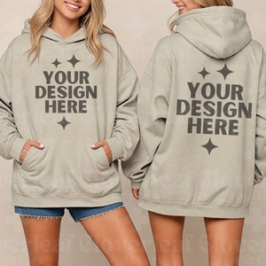 Gildan 18500 Sand Hoodie Front and Back Mockup Hooded Sweatshirt Sandstone Oversized Model POD Mock-up G185 Front & Back Mock up