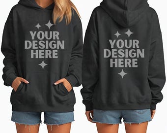 Black Hoodie Front and Back Mockup Gildan 18500 Black Hooded Sweatshirt Oversized Model POD Mock-up G18500 Front & Back Mock up