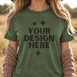Military Green Bella Canvas T-shirt Mockup 3001 Military Green Tshirt Mock up Shirt BC Womens Model Green Mock-up Aesthetic Boho Tee Mocks