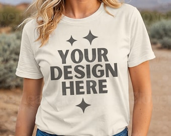 Natural Bella Canvas Shirt Mockup BC 3001 Natural Tshirt Mock up T-shirt BC3001 Natural Women Model Mock-up Simple Boho Outdoor Mocks