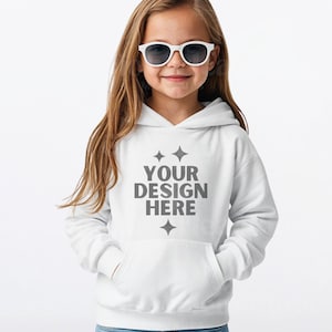 White Kids Hoodie Mockup Kids Sweatshirt Mock-up White Children’s Simple Mock up Printify AWDIS JHOO1J POD Mocks