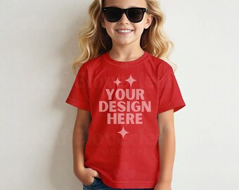 Gildan 64000B Red Mockup G64000B Kid's Shirt Mock-up Kids Softstyle Tee Mock up Display G 64000B Children Unisex Tshirt Mockup