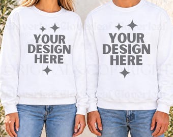 White Comfort Colors 1566 Couple Mockup Unisex Garment-Dyed Sweatshirt Men and Women Model Mock-up CC 1566 Male and Female POD Mock up
