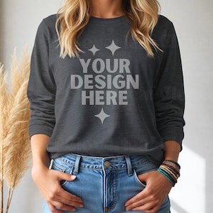 Bella Canvas 3501 Dark Grey Heather Long Sleeve Tee Mockup BC 3501 Long Sleeve T-shirt Mock-up BC3501 Longsleeve POD Boho Themed Mock up