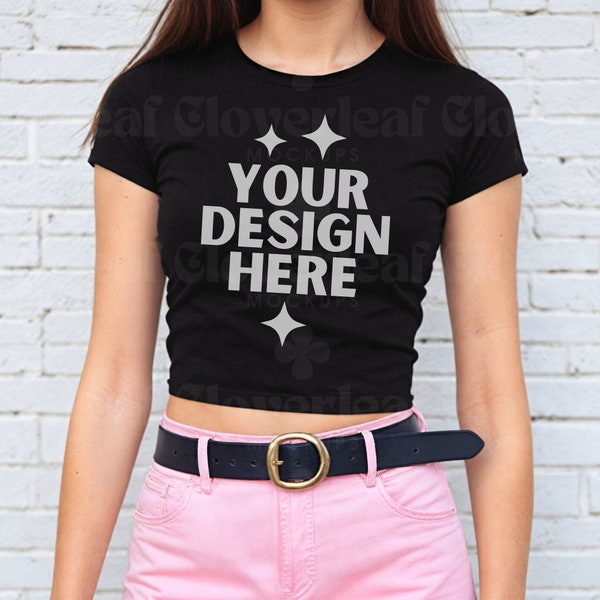 Black Gildan 5000B Baby Tee Mockup Womens Fitted Black Baby Tee Tshirt Mock-up Trendy Black Crop Top Baby Tee Mock up Simple Model Mocks