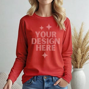 Gildan 2400 Red Mockup G2400 Women Model Mock-up G 2400 Red Long Sleeve Mock up Aesthetic Boho Mocks Red Longsleeve Tee Mockups