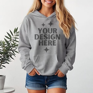 Sport Grey Gildan 18500 Hoodie Front Mockup Sport Grey Hooded Sweatshirt Oversized Model Mock-up G18500 Women Hooded Sweater Casual Mock up