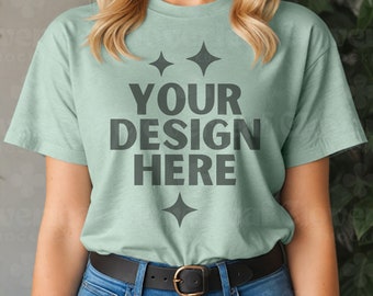 Heather Prism Dusty Blue Canvas 3001 Shirt Mockup BC3001 Dusty Blue T-shirt Mock-up Bella Tee Mock Boho Women Model Aesthetic Tshirt Display