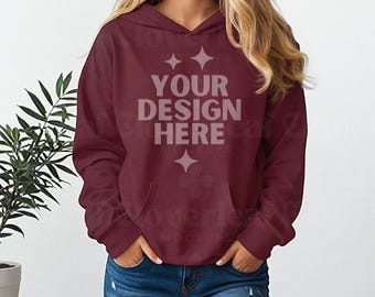 Maroon Gildan 18500 Hoodie Front Mockup Maroon Hooded Sweatshirt Oversized Model Mock-up G18500 Women Hooded Sweater Casual Mock up
