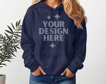 Navy Gildan 18500 Hoodie Front Mockup Navy Blue Hooded Sweatshirt Oversized Model Mock-up G18500  Women Hooded Sweater Casual Mock up
