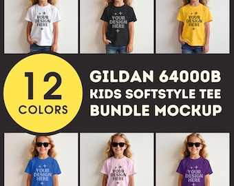 Mockup del pacchetto Gildan 64000B Mockup del pacchetto di magliette per bambini G64000B Mockup del pacchetto di magliette Softstyle per bambini Mockup del display G 64000B Mockup di maglietta unisex per bambini