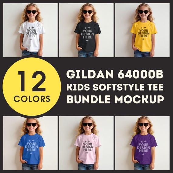 Gildan 64000B Bundle Mockup G64000B Kid's Shirt Bundle Mock-up Kids Softstyle Tee Mock up Display G 64000B Children Unisex Tshirt Mockup