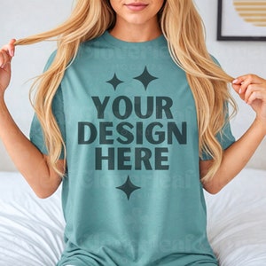 Seafoam Comfort Colors Shirt Mockup C1717 Seafoam T-shirt Mock-up Women Model Aesthetic Mock 1717 Seafoam Oversized Tee Boho Mockups