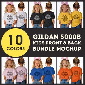 以下が含まれることがあります： 10色の異なる Gildan 5000B キッズ Tシャツのモックアップ。シャツは2人の子供に着用され、前面と背面に表示されており、各シャツの前面と背面に「YOUR DESIGN HERE」というテキストが書かれています。