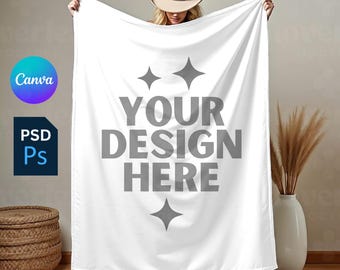 Blanket Mockup Template Velveteen Plush Blanket Mock up Western Minky Blanket Mock-up Photoshop Canva Drag & Drop PNG PSD Overlay Blank Mock