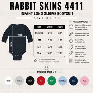 May include: A Rabbit Skins 4411 infant long sleeve bodysuit size guide chart. The graphic displays a navy blue bodysuit, a sizing table with measurements in inches, a list of product features, and a color chart showing eight circular color swatches.