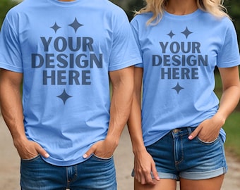 Gildan 64000 Carolina Blue Couple Shirt Mockup Carolina Soft Style Mock-up G64000 Couple Mock up Carolina Blue 64000 T-shirt Mockups