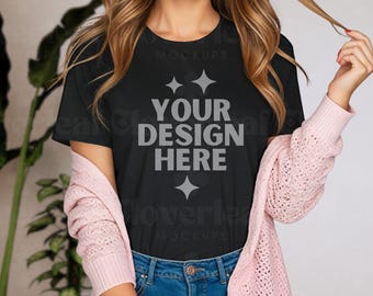 Black 5000 Shirt Mockup Heavy Cotton Tee Womens Model Mock-up G5000 Aesthetic Lifestyle Boho Black POD Tshirt Mocks
