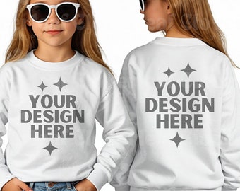 White Gildan 18000B Kids Front and Back Sweatshirt Mockup Youth Model Mock-up Print on Demand Mockups Youth Sweater Mock up White POD Mocks