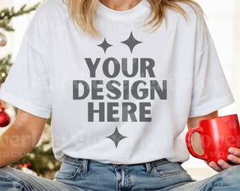 White Comfort Colors C1717 Christmas Shirt Mockup Comfort Color White Tshirt Xmas Mock-up Model Mock 1717 Aesthetic Holiday Tee Mock