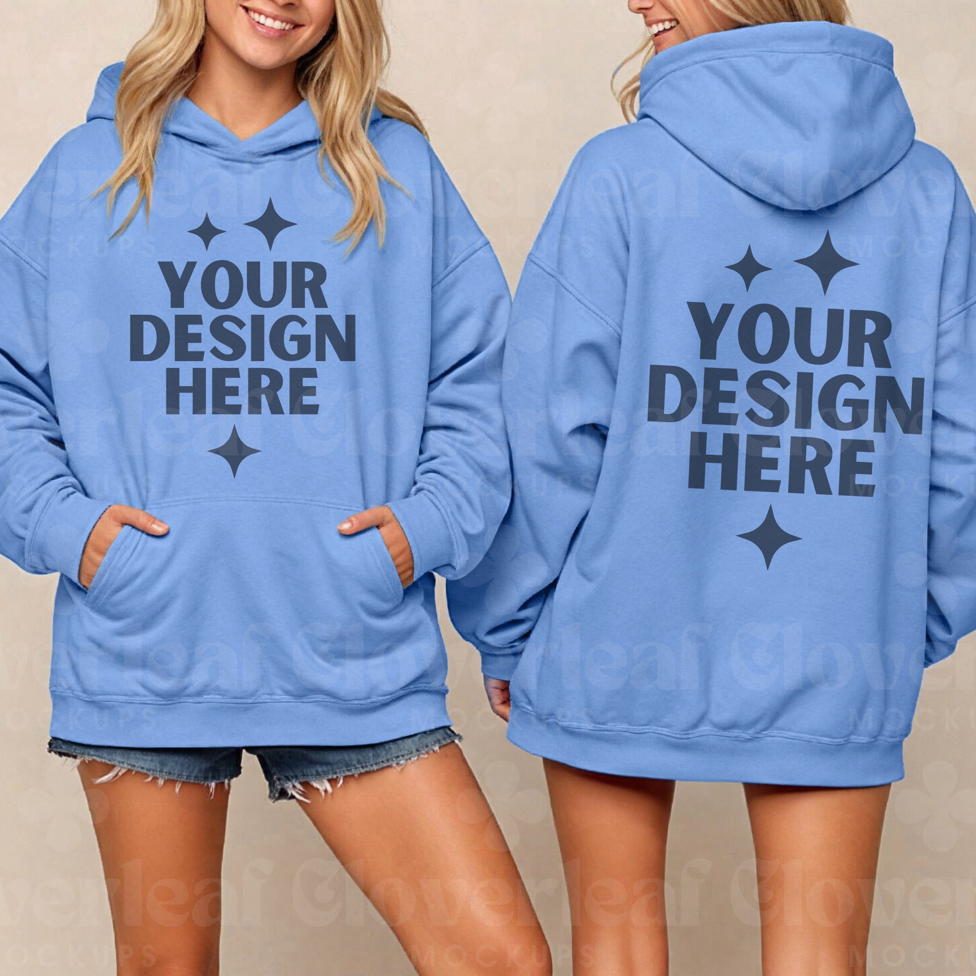 Gildan 18500 Carolina Blue Hoodie Front and Back Mockup Hooded