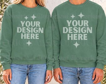 Light Green Comfort Colors 1566 Couple Mockup Unisex Garment-Dyed Sweatshirt Men and Women Model Mock-up CC 1566 Male and Female POD Mock up