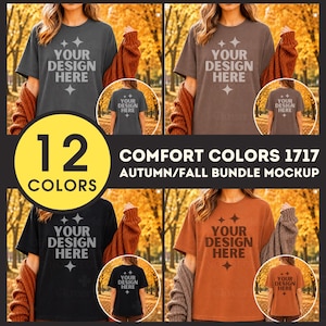 May include: A collection of Comfort Colors 1717 t-shirts in four distinct colors, each featuring the text YOUR DESIGN HERE with star accents. The shirts are displayed in a grid format against an autumn background, showcasing a bundle mockup.