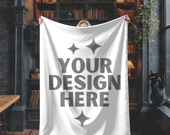 Blanket Mockup Template Velveteen Plush Blanket Mock up Dark Academia Themed Minky Blanket Mock-up Canva PNG Overlay Bookish Blanket Mock