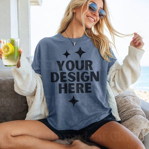 Comfort Colors C1717 Blue Jean Shirt Mockup Comfort Color Blue Jean Tshirt Mock-up Women Model Mock  Blue Jean 1717 Aesthetic Beach Tee Mock
