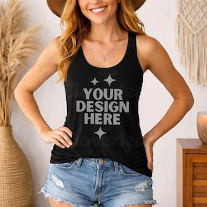 Bella Canvas 8800 Black Mockup Women's Flowy Racerback Tank Mock-up BC8800 Aesthetic Boho Model Mock up Racebank Tank Top Mock