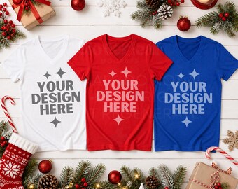 Bella Canvas 3005 Group T-Shirt Flatlay Mockup BC 3005 Christmas Themed Mock-up BC3005 Multiple Shirts Flat Lay Mock up V-Neck Tee Mock