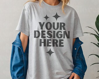 Sport Grey Gildan 5000 Shirt Mockup Heavy Cotton Tee Model Mock-up Realistic Sport Grey T-Shirt G5000 Sport Grey Tshirt Trendy Boho Mock