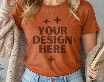 Heather Autumn Bella Canvas T-shirt Mockup 3001 Heather Autumn Tshirt Mock up Shirt BC Women Model Mock-up Aesthetic Boho Tee Display Mock