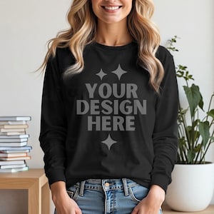 Gildan 2400 Black Mockup G2400 Women Model Mock-up G 2400 Black Long Sleeve Mock up Aesthetic Boho Mocks Black Longsleeve Tee Mockups