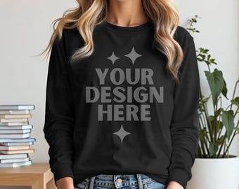 Gildan 2400 Black Mockup G2400 Women Model Mock-up G 2400 Black Long Sleeve Mock up Aesthetic Boho Mocks Black Longsleeve Tee Mockups