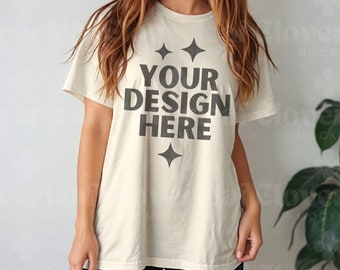 Natural Gildan 64000 Shirt Mockup Natural Color T-Shirt Mock-up Trendy Model Mock up G640 Natural Tee Simple Casual Boho Tshirt Mock