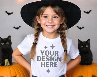 White Gildan 5000B Kids Hallloween Shirt Mockup G5000B Heavy Cotton Tee Spooky Season Mock-up Print on Demand Kids Halloween T-Shirt Mock up