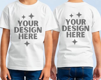 White Gildan 5000B Shirt Mockup Kids Blank White T-Shirt Mock-up White G5000B Front and Back Kids Heavy Cotton Tee Tshirt Display Mock up