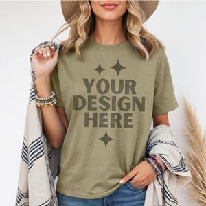 Comfort Colors 1717 Khaki Shirt Mockup Comfort Color Khaki Tshirt Mock-up Khaki CC1717 Model Mock Khaki C1717 Aesthetic Boho Model Tee Mock