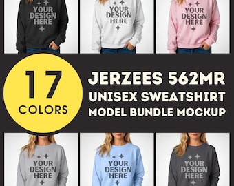 Mockup del pacchetto Jerzees 562MR Felpa girocollo NuBlend Mockup Stampa su richiesta Set di maglioni Jerzees Mockup Pullover Jerzees Mockup POD