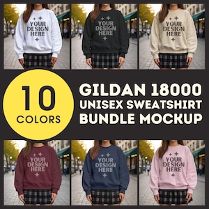 Bundle Gildan 18000 Maquettes de sweat-shirt ras du cou unisexe Maquette de modèle d&#39;extérieur G18000 Bundle de pull Gildan POD Mockups